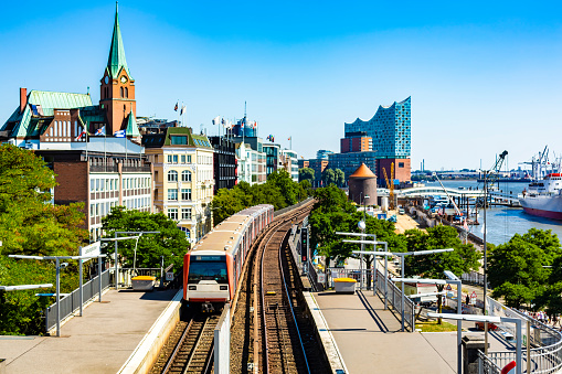 S-bahn station in Hamburg with Elbphilharmonie in the background