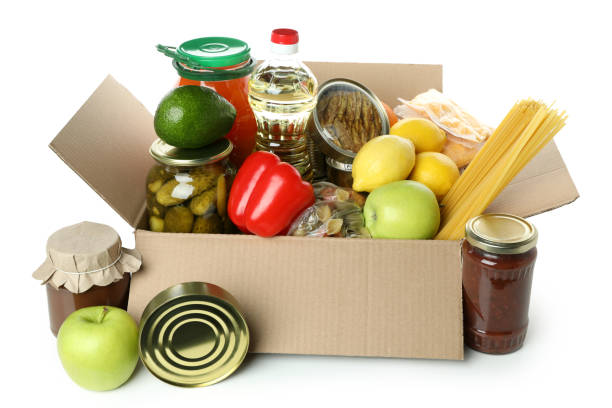 istock Donation box with food isolated on white background 1474797445