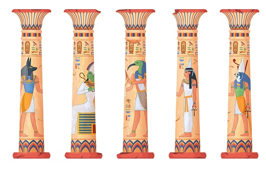 Egypt columns. Pillars of ancient egyptian temple, old stone or clay column god pharaohs engraving, capital sun throne temples ruins, cartoon ingenious vector illustration of ancient egyptian pillar