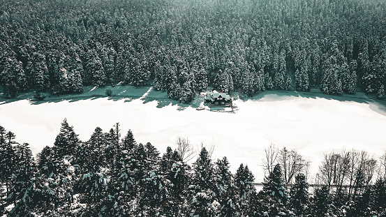 Aerial view of frozen lake and house in winter. Bolu-Golcuk

Gölcük Lake is an artificial lake with an altitude of 1217 meters, 13 km south of Bolu city center.