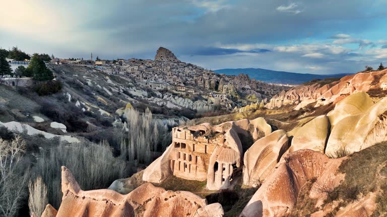 Aerial view of  Pigeon Valley, Aerial view of cappadocia, Uchisar , famous place of turkey, natural formation fairy chimneys, Fairy Chimney in Cappadocia, unesco heritage destination, Aerial view of Cappadocia, historical region in Central Anatolia