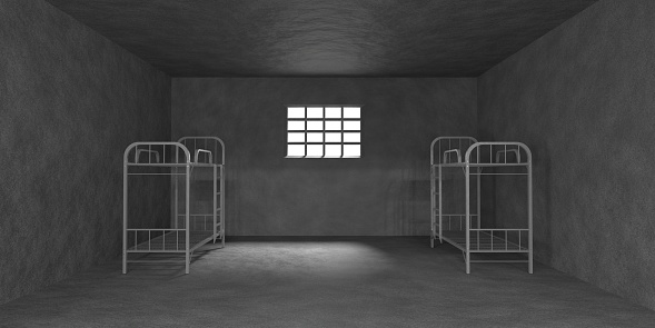 Prison cell with bunk beds and metal bars on window 3d render. Realistic interior of empty dark jail room with grey walls and sunlight on floor. Cage for criminals with furniture. 3D illustration