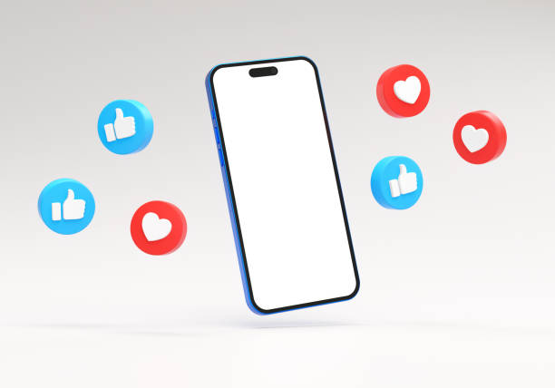 Isolated mobile phone mockup blank screen with social media like buttons in 3D rendering. Social network post template concept