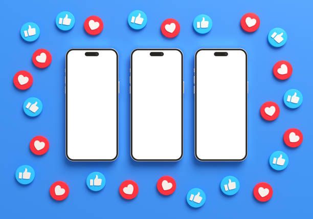 istock Three iPhone mockups blank screen surrounded by social media like buttons on a blue background in 3D rendering. Social network post template concept 1474799475