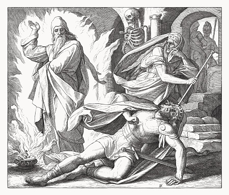 Saul and the Witch of Endor (1 Samuel 28). Wood engraving by Julius Schnorr von Carolsfeld (German painter, 1794 - 1872), published in 1860.