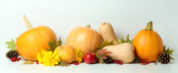 istock Thanksgiving Day composition with pumpkins on white table 1474804947
