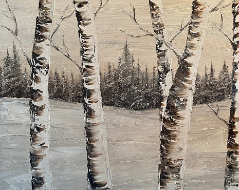 Oil painting of birch trees landscape