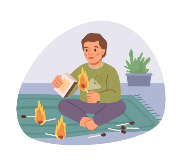 Vector illustration of Boy child playing with matches, kid dangerous behavior at home unwatched by parents. Kiddo causing fire, risk of burning. Flat cartoon, vector illustration