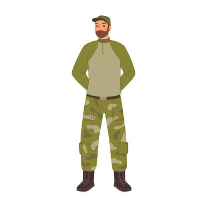 Combatant or soldier infantry wearing uniform, isolated man serving at army. Military forces and fight preparation, service. Flat cartoon, vector illustration