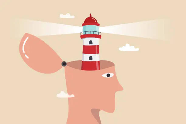 Vector illustration of Vision to see direction, enlightenment or wisdom to discover new knowledge, solution or insight, guidance or searching concept, head with light house shining bright light to see and find guidance.