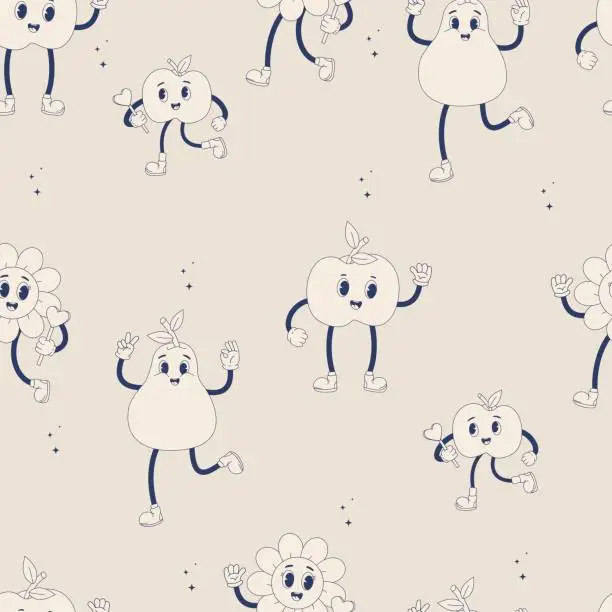 Vector illustration of Retro trendy seamless pattern. Happy groovy cartoon characters apple, pear and flower power. Monochrome palette. Vector Illustration for wallpaper, design, textile, packaging, decor, kids collection.