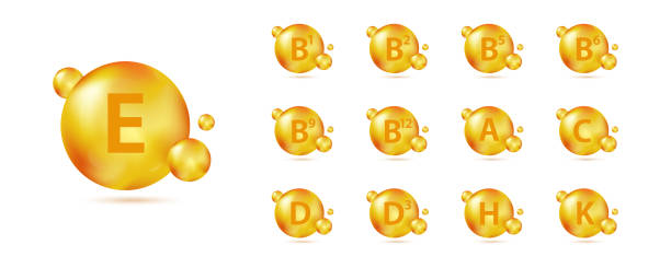 ilustrações, clipart, desenhos animados e ícones de cápsulas de vitamina dourada. conjunto de ícones de complexos multivitamínicos. vitamina a, b1, b2, b5, b6, b9, b12, c, d, d3, e, h, k. suplemento multivitamínico. complexo vitamínico essencial. conceito de vida saudável - vitamin pill molecule d3 vitamin d