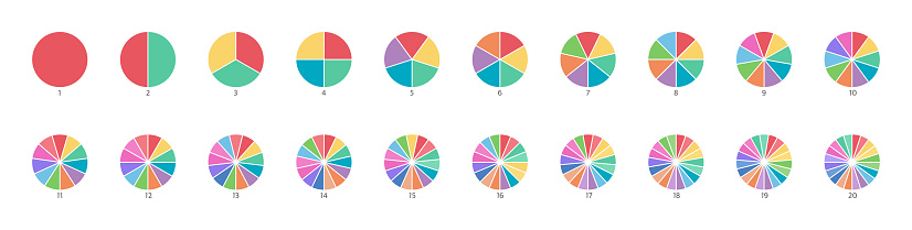 Pie chart color icons. Segment slice set. Circle section graph. 1,20,19,18,16,9 segment infographic. Wheel round diagram part. Three phase, six circular cycle. Geometric element. Vector illustration.