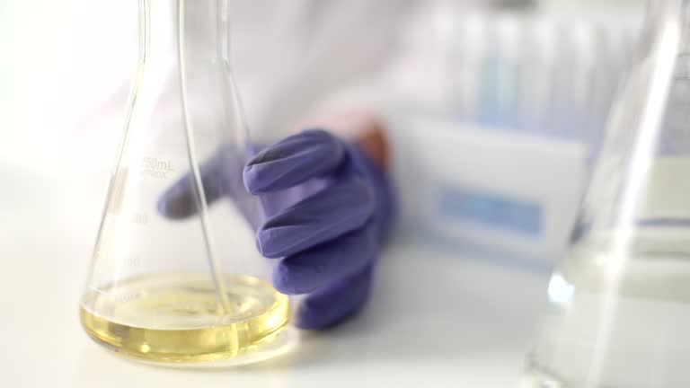 Hands pouring yellow liquid into a flask, close-up