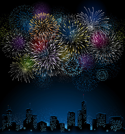 Large firework display with city skyline.  File is layered, global colors used and hi res jpeg included. Only simple gradients used. Please take a look at other work of mine linked below. 