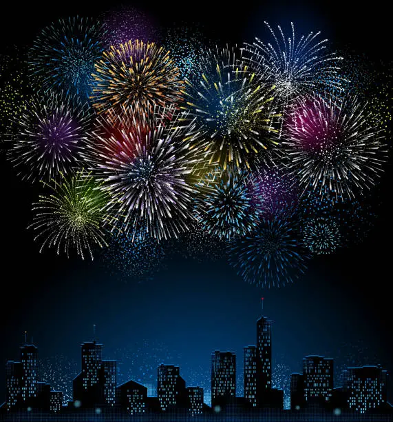 Vector illustration of Fireworks with City Skyline