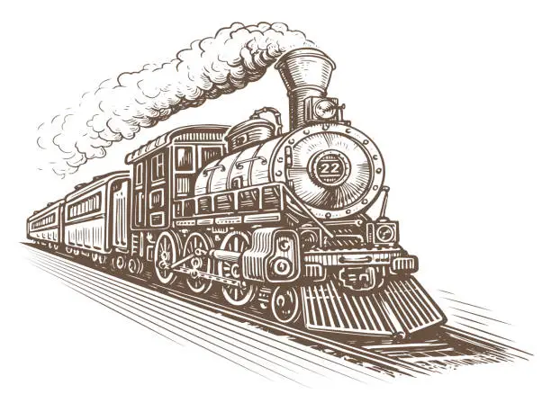 Vector illustration of Hand drawn moving retro train, sketch. Vintage steam locomotive in style of old engraving. Vector illustration