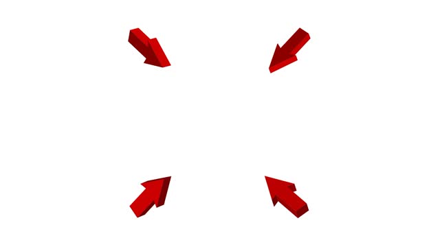 Animated red 3D arrows point to center of screen direction for attention to target. Choosing right direction for business. Cartoon looped video isolated on white background