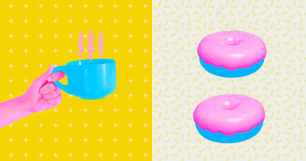 istock Modern photo collage art. Cup of coffee and donuts. Breakfast concept 1474817014