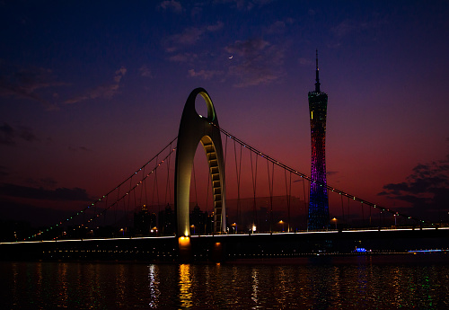 Dusk view of Guangzhou's Zhujiang New Town business area with Liede Bridge