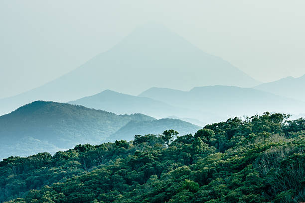 Layered hills with Mount Kaimon (Kaimondake) stock photo