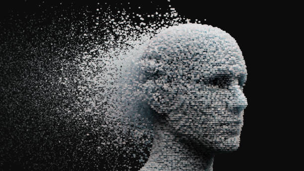 Artificial Intelligence Technology Background 3D dissolving human head made with cube shaped particles. human brain 3d stock pictures, royalty-free photos & images