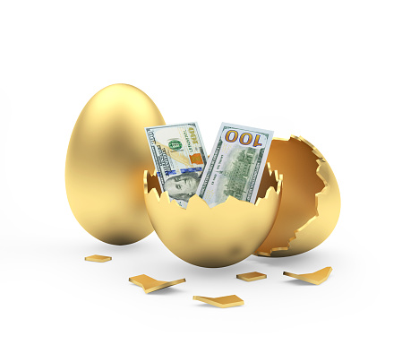 A golden egg with a broken eggshell filled with hundred dollar bills. 3D illustration