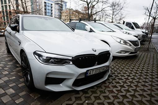 Ivano-Frankivsk, Ukraine - March, 2023: Gray BMW M 5 in parking.