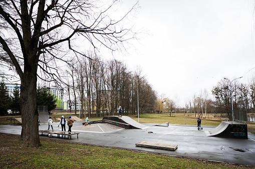Ivano-Frankivsk, Ukraine - March, 2023: Skatepark in the city park.