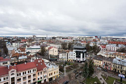 Ivano-Frankivsk, Ukraine - March, 2023: Panorama view from city hall.