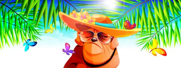 Vector illustration of Summer holiday concept in cartoon style. Bulldog in a hat in the shade of palm trees with butterflies on a sunny summer clear day.