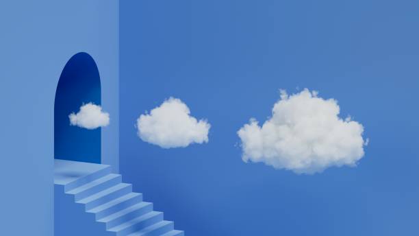 istock 3d rendering, abstract minimalist blue background with stairs and the row of three white clouds flying out the tunnel 1474823377