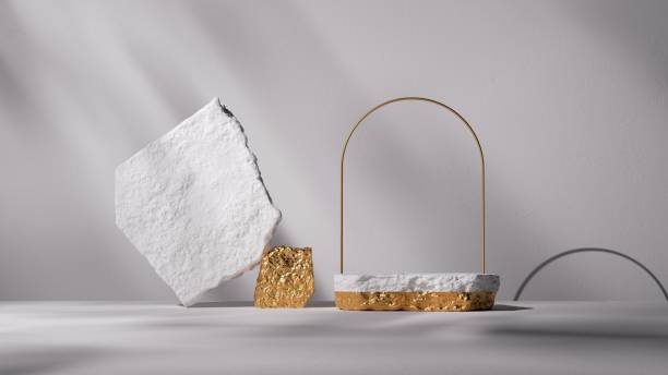 istock 3d render, abstract background with golden arch and stone ruins. Minimalist scene with cobblestone podium and golden arch, showcase for product presentation 1474823474