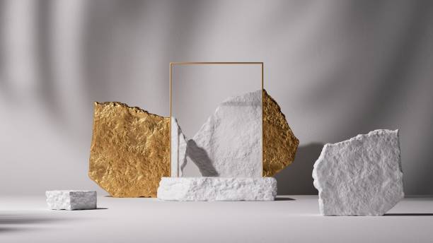 istock 3d render, abstract background with tropical leaves shadows. Minimalist scene with cobblestone podium and golden square frame, showcase for product presentation 1474823506