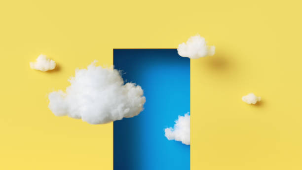 istock 3d rendering, abstract minimalist geometric background. White clouds fly outside the blue doorway on the yellow wall. Modern fantasy wallpaper 1474823524