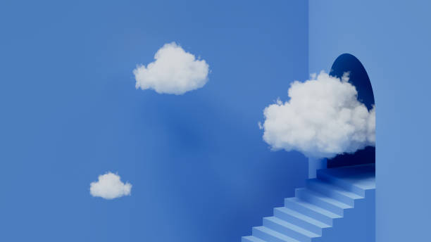 istock 3d render, abstract blue minimalist background. White clouds flying out from the arch portal. Business metaphor. Minimalist wallpaper 1474823671