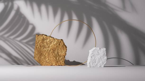 istock 3d render, abstract background with tropical leaves shadow, rocks, stone ruins and round golden arch. Minimalist scene with cobblestones, showcase for product presentation 1474823770