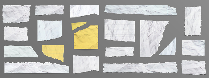 Set of torn and crumpled paper scraps isolated on grey background. Realistic vector illustration white and yellow pieces of ripped notebook, diary, scrapbook pages with wrinkled texture, uneven edges