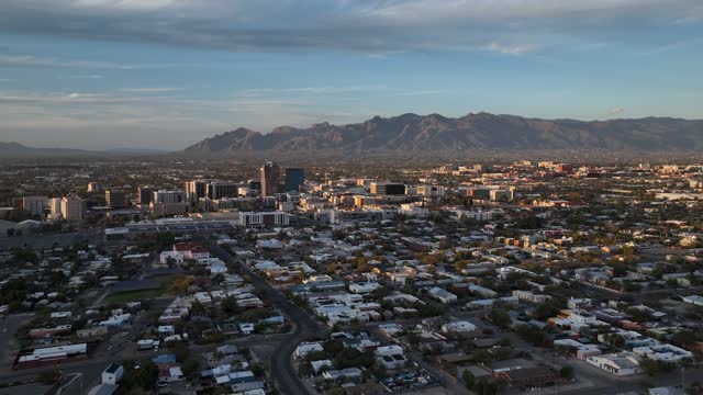 Aerial view of downtown Tucson, Arizona at sunset