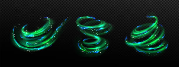 Abstract green swirls set with lightning effect Abstract green swirls set with blue lightning discharges png isolated on transparent background. Realistic vector illustration of spiral vortex with neon sparkles. Magic power effect, design element wave png stock illustrations