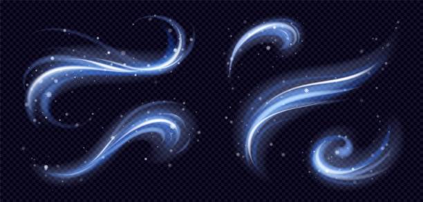추운 겨울 조명 효과 소용돌이 밝은 반짝 반짝 라인 - motion snowflake backgrounds blue stock illustrations
