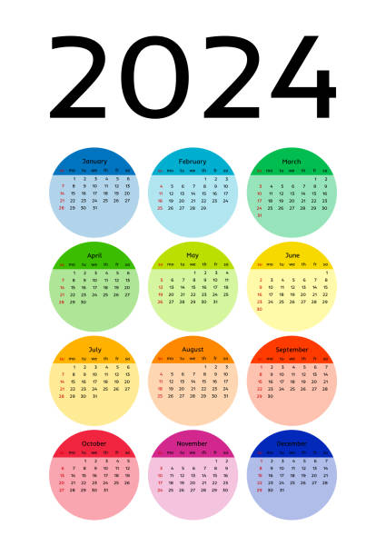 Calendar for 2024 isolated on a white background Calendar for 2024 isolated on a white background. Sunday to Monday, business template. Vector illustration kalender stock illustrations