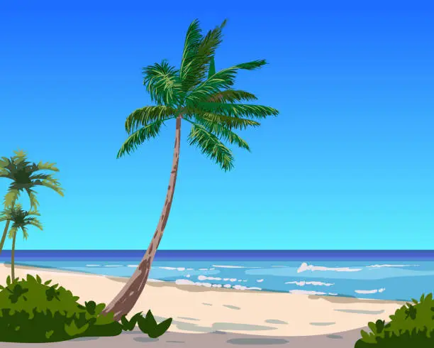 Vector illustration of Tropical Summer Travel Poster, ocean, sea, palms, coast, sky, beach