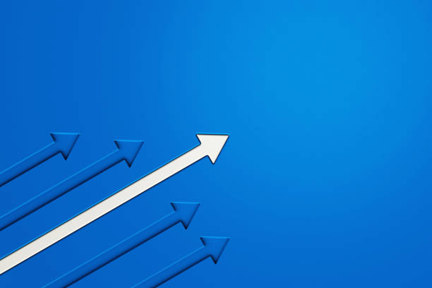 istock 3D white arrow protruding from the others on blue background. towards successful growth. Data, money, business concept. 3d rendering. 1474825352