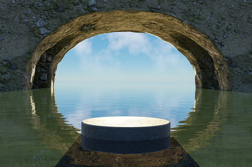 Abstact 3d render and Natural podium background, Stone podium on river in underwater stone tunnel backdrop blue sky and cloud for product display advertising or etc