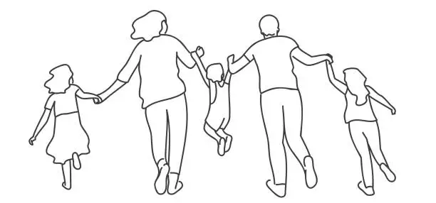 Vector illustration of Running family hold hands.