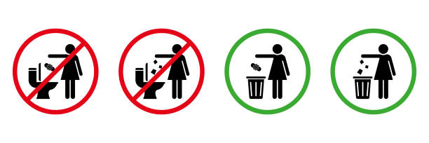 Please No Flush Litter in Toilet Sign Set. Allowed Throw Napkin, Paper, Pads, Towel in Waste Basket Silhouette Icon. Please Throw Litter in Bin, No in Toilet Pictogram. Isolated Vector Illustration Please No Flush Litter in Toilet Sign Set. Allowed Throw Napkin, Paper, Pads, Towel in Waste Basket Silhouette Icon. Please Throw Litter in Bin, No in Toilet Pictogram. Isolated Vector Illustration. throwing in the towel illustrations stock illustrations