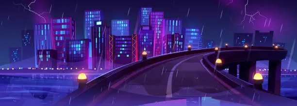 Vector illustration of Night city skyline view from bridge, urban road