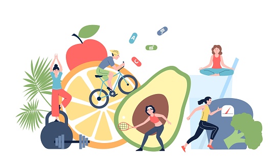 Sport and healthy diet. Wellness and detox, sporty lifestyle. People doing exersices, run and meditation. Drink water and eat fresh food vector scene of fitness sport healthy and wellness lifestyle