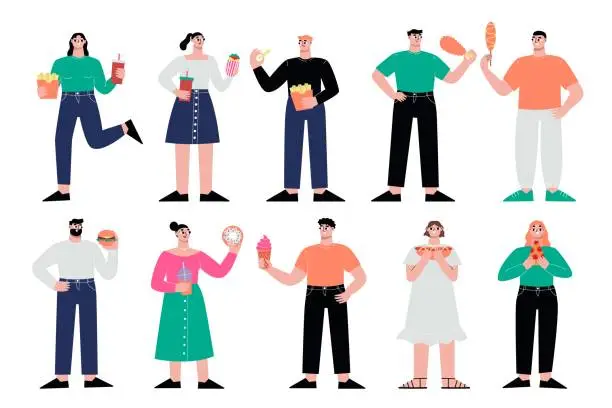 Vector illustration of People hold fast food. Eating snack and beverages, person eat pizza, hot dog and fries. Burger or wrap on dinner. Hungry sapid vector flat characters